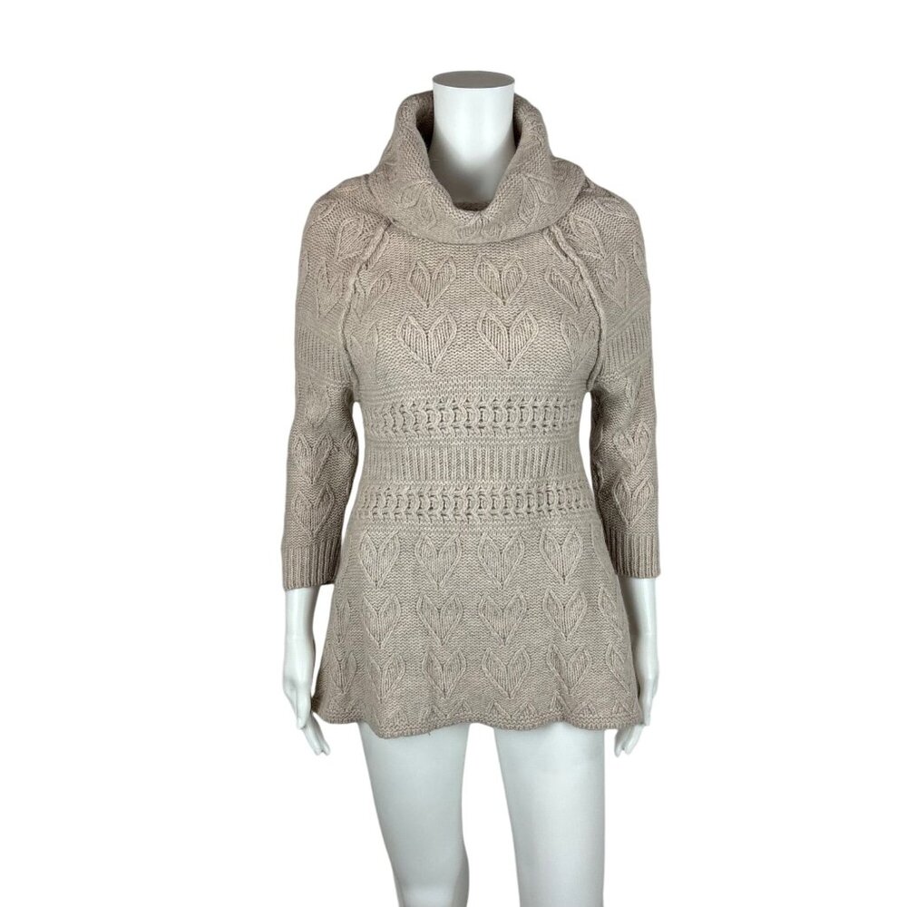 Sleeping On Snow Sweater Womens S 00's Tan Hearts Wool Blend Cowl Neck Tunic